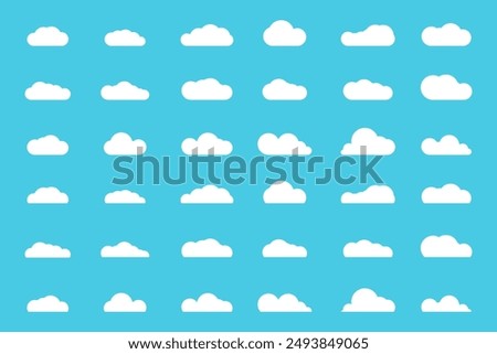 Set of white clouds on blue sky background. Cloudscape illustration. Art collection of vector icons in flat style