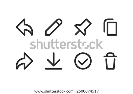 Communication outlined buttons set. Reply, share, edit, download, pin, check, copy, delete vector icons in flat style