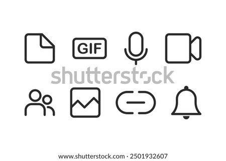 File, gif, microphone, video, group, image, link and bell outlined illustration set. Vector icons in flat style