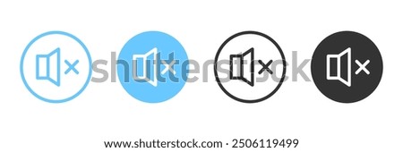 Volume mute off button in a circle in 4 variations isolated . User Interface. Vector icons in flat style