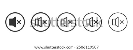 Volume mute off button in a circle in 5 variations isolated . User Interface. Vector icons in flat style