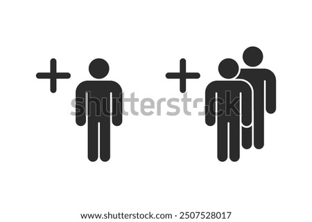 Add 1 person or 2 persons black filled illustrations isolated for UI signs. Vector icons in flat style