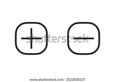 Mathematic symbols in soft squares minus and plus outlined black illustrations. Vector icons in flat style