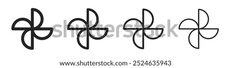 Wind air fun propeller and also paper windmill black isolated illustrations. Vector icons in flat style