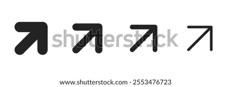 Arrow pointing on a right up corner black isolated illustration set for UI. Vector icons in flat style