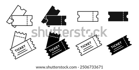 Tickets icon set in filled and outlined black color, isolated on white background with various styles.