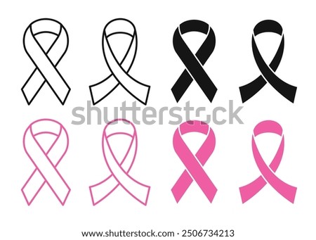 Breast cancer ribbon icon set. Cancer charity awareness ribbon vector symbol in black filled and outlined style