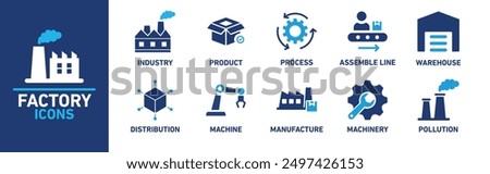 Factory icon collection. Industry, product, process, assemble line, warehouse, related. Vector collection of solid icons.