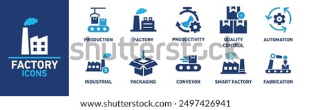 Factory icon collection. Production, factory, productivity, quality control, automation, related. Vector collection of solid icons.