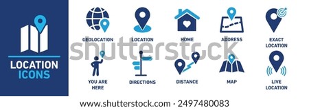 Location icon collection. Geo location, location, home, address, exact location, related. Vector collection of solid icons.