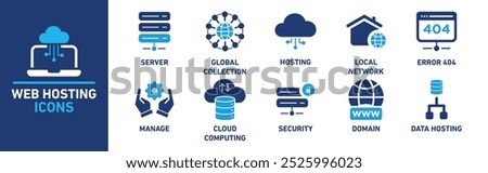 Web hosting icon set. Includes icons for server, global collection, hosting, local network, error 404, manage, cloud computing, security, domain, and data hosting.