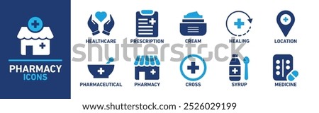 Pharmacy Icon Set Featuring Healthcare, Prescription, Healing, Medicine, and Pharmacy Symbols