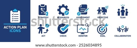 Action Plan Icon Set Featuring Strategy, Resources, Assessment, and Goal Symbols