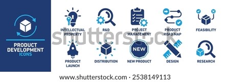 Product Development Icon Set Featuring R and D, Project Management, and Launch Symbols