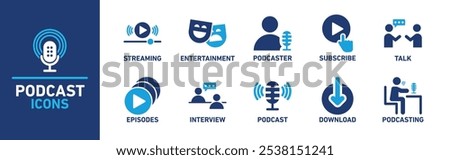 Podcast Icon Set Featuring Streaming, Subscribe, and Interview Symbols