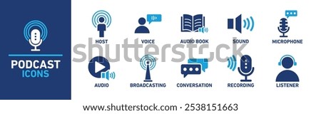 Podcast Icon Set Featuring Host, Audio Book, and Microphone Symbols