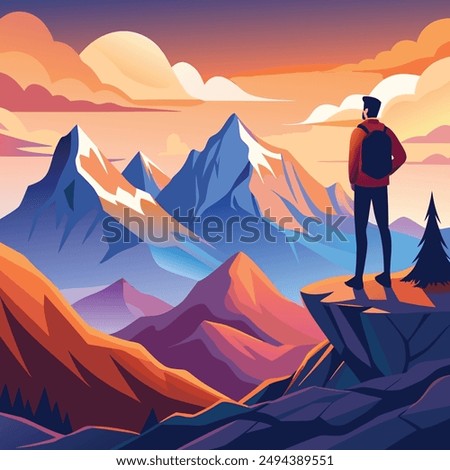 Man on the top of the mountain looks at the beautiful landscape of the mountains. Climbing mountains. The concept of mountain tourism and travel. Vector illustration.