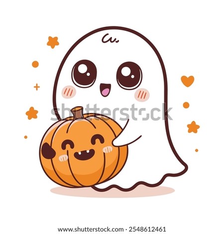 Cute cartoon ghost holding a small pumpkin Kawai vector