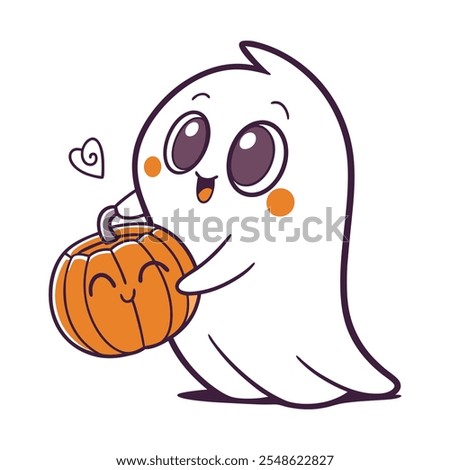 Cute cartoon ghost holding a small pumpkin Kawai vector