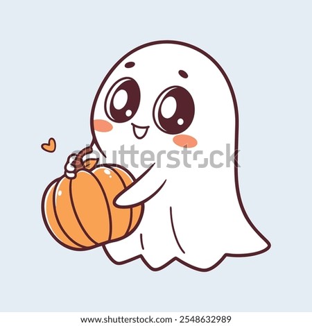 Cute cartoon ghost holding a small pumpkin Kawai vector