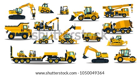 A large set of construction equipment in yellow. Special machines for the building work. Forklifts, cranes, excavators, tractors, bulldozers, trucks, cars, concrete mixer, trailer.Vector illustration