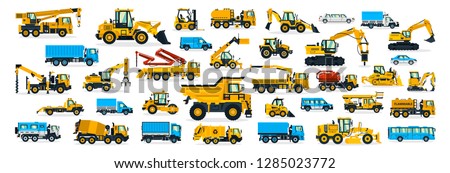 A large set of construction equipment, transportation for the construction site, cargo truck, bus, excavator, crane, tractor. Machines for building services. Shipping by cars. Vector illustration