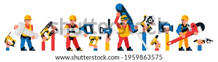 Workers and construction tools. Hands holding a power tool. Screwdriver, jigsaw, saw, dryer, gas wrench, circular saw, nailer, bolt, rotary hammer drill. Vector illustration of an electric tool.