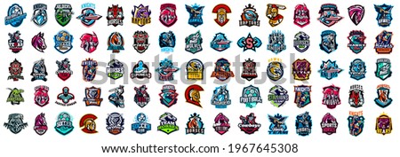 Huge set of colorful sports logos, emblems. Logos of knights, horses, soldier, dinosaur, soccer ball, cowboy, eagle, bear, wolf, superhero, aircraft. Vector illustration isolated on background.