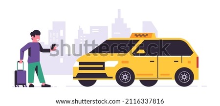 Online taxi ordering service. A driver in a yellow taxi, a passenger, transportation of people. Man with a suitcase, city, cab. Vector illustration isolated on background.