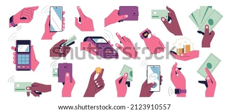 Set of hands making payment. Contactless payment by phone, bank card, watch, devices with nfs. Terminal, wallet, banknotes, coins, phone screen, online money transfers, banking. Vector illustration