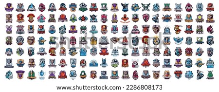 Mega set of sports logos and mascot emblems. Sports logos with mascots on the background of the shield. Wild cats, beasts, animals, eagles, warriors, soldiers, heroes, games. Vector illustration