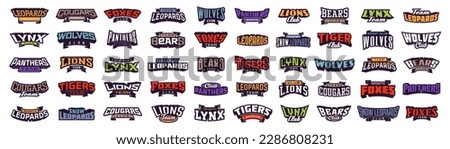 Set of bold fonts for logo animal mascot. Font with inscription lions, tigers, panthers, cougars, leopards, bears, wolves, foxes, lynxes. Collection of text style lettering for esports team, mascot