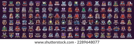 Mega set of sports logos. Emblems of team sports, logotypes with animal mascots. Vector emblems of soccer, football, basketball, rugby, billiards, cricket, golf, tiger, lion, leopard, wolf, fox, bear.