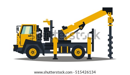 Truck drilling. Yellow, isolation on a white background. Drilling rig. Anchor truck. Construction machinery. Crushing of land. Vector illustration. Flat style