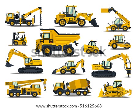 Big set of construction equipment. Special machines for the construction work. Forklifts, cranes, excavators, tractors, bulldozers, trucks. Special equipment. Road repair. Commercial Vehicles.