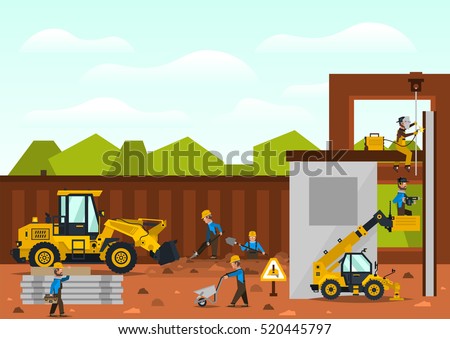 Construction site. The construction of the building. Isolated elements. Builders are doing their job. Front loaders. Fences. Against the background of trees and sky.