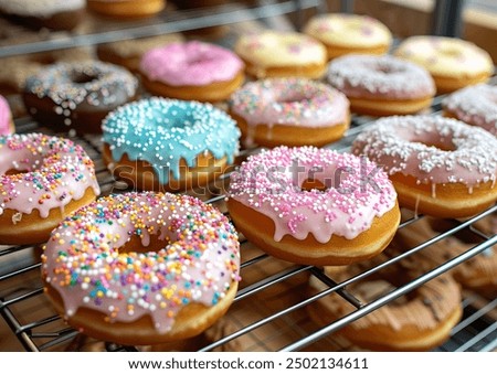 Similar – Foto Bild Vielfalt von Donuts auf rosa Hintergrund