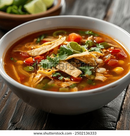 Similar – Image, Stock Photo Served chicken soup with carrot and zucchini