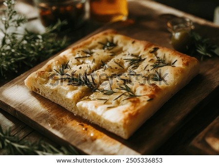 Similar – Foto Bild Hausgemachtes Rosmarin-Focaccia-Brot, Ansicht von oben, Nahaufnahme.