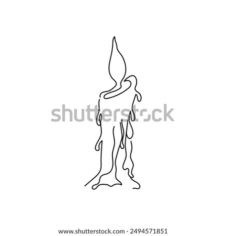 Romantic burning fire candle single line art vector illustration.	