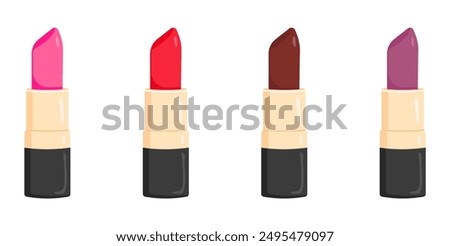  Set of lipsticks in different colors on the white background. Pink, red, brown and purple lipstick. Vector Illustration.