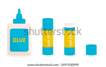 Vector bottle of glue and glue stick. Supplies for office and school. Isolated on white background