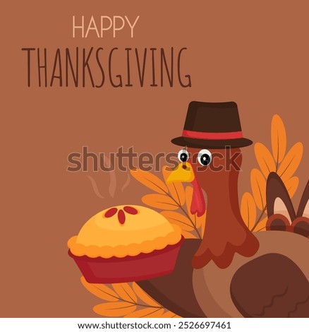 Thanksgiving greeting card with a turkey bird holding a piece of cake. Festive holiday illustration