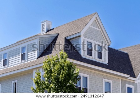 Image, Stock Photo Facade on a sloping, narrow street. The house is old, the shutters closed.