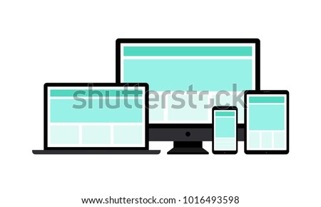 Responsive web design. Single site to support many devices, web page render well on a variety of screen sizes. Vector flat style cartoon responsive design illustration isolated on white background