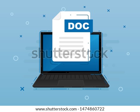 Download DOC icon file with label on laptop screen. Downloading document concept. Banner for business, marketing and advertising. Vector Illustration.