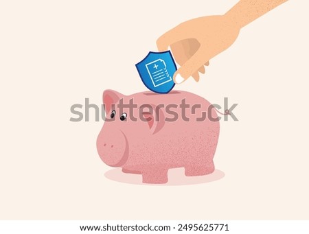 Illustration of a hand placing a health insurance icon into a piggy bank, symbolizing saving and caring for health. Ideal for promoting health savings, insurance, and wellness.