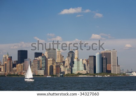 Boat on the sea in the New York Bay, the Skyline of New York City in the background