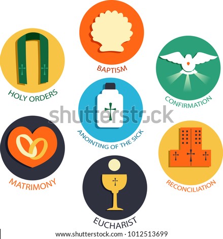 Illustration of the Seven Sacraments of Catholic Church from Baptism, Confirmation, Eucharist, Penance, Anointing of the Sick, Holy Orders to Matrimony