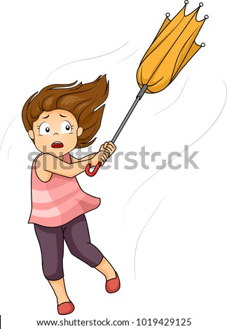 Illustration of a Kid Girl Pulling Her Umbrella Being Carried by the Strong Winds